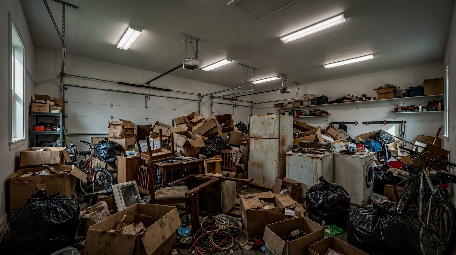 Cluttered garage before junk removal